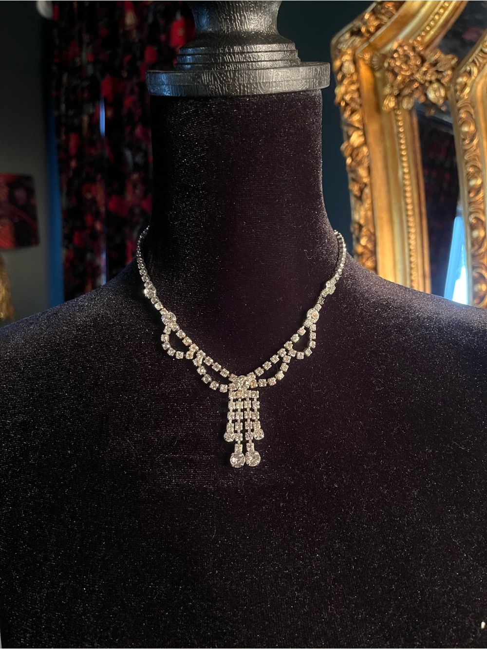 Vintage Crystal Tassel Silver Tone Necklace